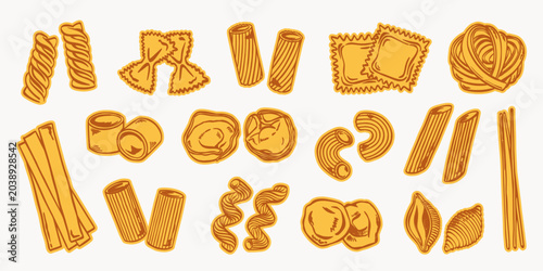 Foto Italian pasta illustration set with assorted yellow pasta shapes, including spaghetti, penne, ravioli, farfalle, fusilli, rigatoni, tortellini, macaroni, conchiglie, tagliatelle, and fettuccine