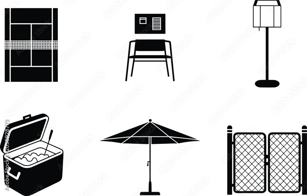 Fototapeta premium Collection of Black Silhouettes: Tennis Court, Chair, Floor Lamp, Cooler, Umbrella, Gate sports game