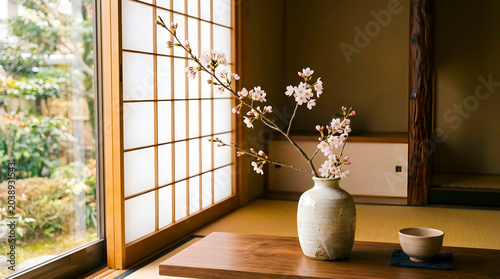 Traditional japanese interior with cherry blossom arrangement in ceramic vase