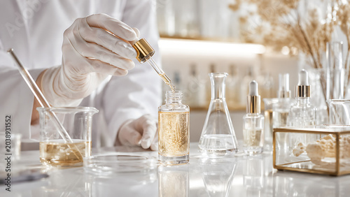 Scientist in lab coat and gloves using a dropper to add golden serum into a glass bottle