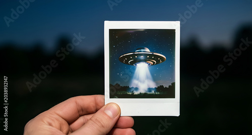 Primo piano di mano che regge una fotografia istantanea di un oggetto volante non identificato, UFO, sullo sfondo un cielo notturno indefinito