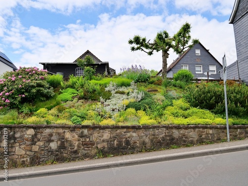 Принти на полотні A beautifully landscaped hillside garden rises above a natural stone retaining wall next to an asphalt road