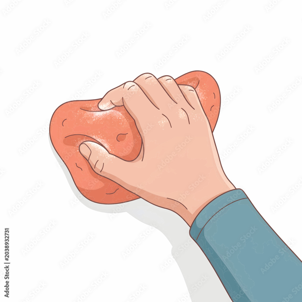 Fototapeta premium Illustration of a human hand holding a soft, reddish-pink sponge, performing a cleaning motion against an unseen background, emphasizing hygiene and domestic tasks