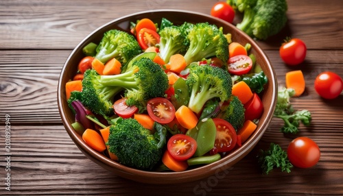 vibrant vegetable salad bowl with broccoli carrots tomatoes and more on a wooden table