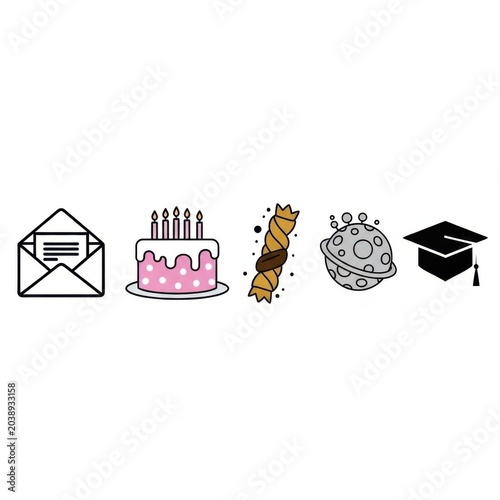 A Horizontal Collection of Icons Including Cake, Envelope, and Cute Cupid Angel Flying with Bow and Arrow Valentine's Day Cartoon Illustration