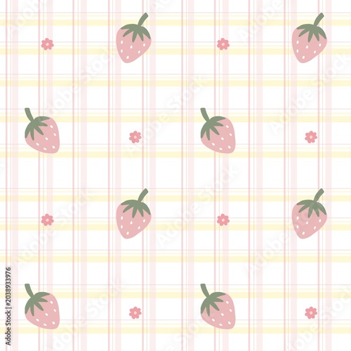Cute Strawberry Plaid Seamless Pattern on Pastel Background