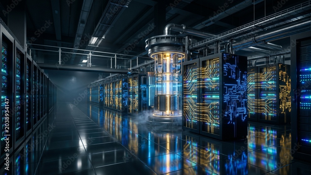 Fototapeta premium Futuristic Quantum Computing Core Array, Advanced Large-Scale Technology Processing Unit with Glowing Lights and Circuits