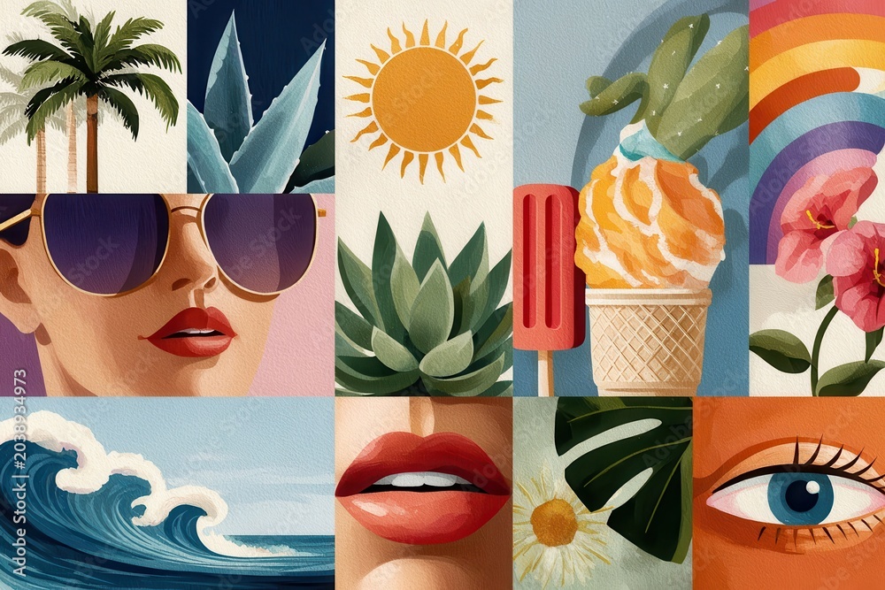 Obraz premium Bright summer collage illustration with tropical elements, sun, ice cream, waves and stylish woman
