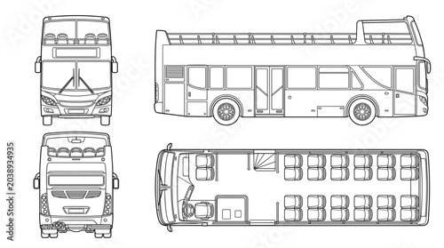 Sightseeing bus transport vehicle technical drawing blueprint with front side back and top views CAD line art vector illustration