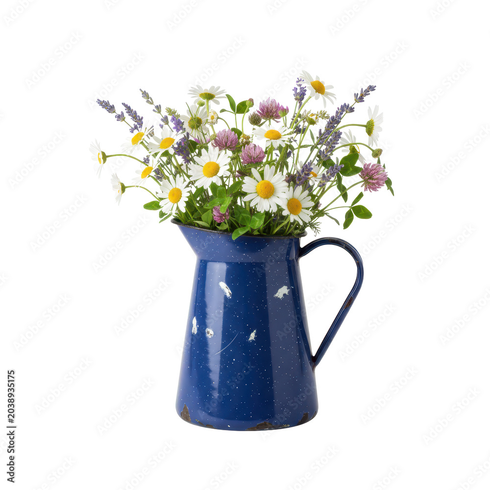Fototapeta premium Rustic Blue Enamel Pitcher with Wildflowers and Daisies