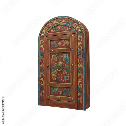 Ornate Wooden Door with Traditional Painted Folk Art Motifs