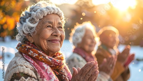 Elderly women outdoors in winter wear, smiling in the golden sunlight, with others in the background clapping