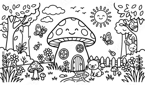 Photos Cute mushroom house in forest coloring page, fairytale landscape outline for kids