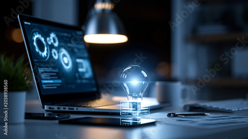 Creative process during night work with digital elements and tools, used for ideas and planning tasks, professional environment, innovation concept, business productivity,