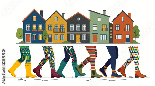 A whimsical illustration showing legs in colorful patterned pants and rain boots walking past a charming street of houses, depicting community and individual journeys