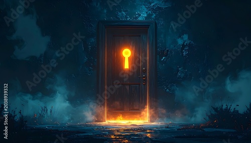 Glowing keyhole door in a dark, smoky wall, bathed in eerie light, creating a mysterious, ethereal atmosphere