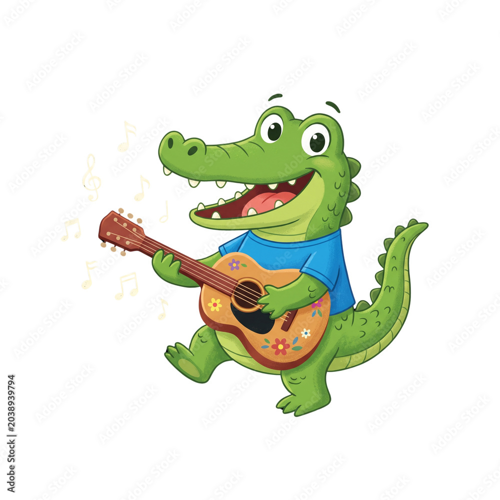 Naklejka premium Cute cartoon alligator playing acoustic guitar with musical notes isolated.