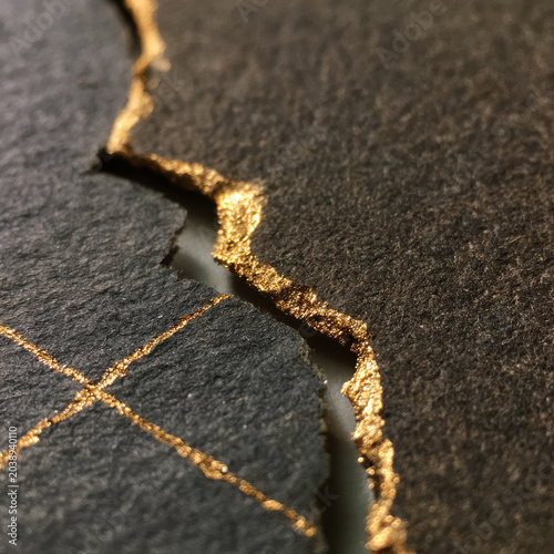 Elegant dark stone texture with gold kintsugi style crack line, close-up