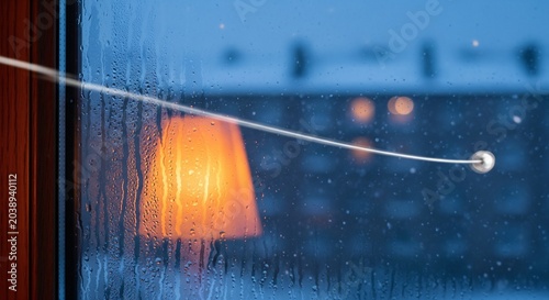 Close up photo of condensation on a window pane with warm lamp light and blue evening background for design