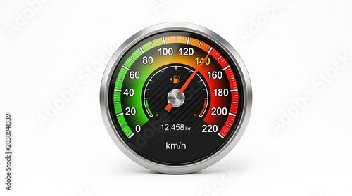 Close-up speedometer gauge with red, yellow and green zones on white background