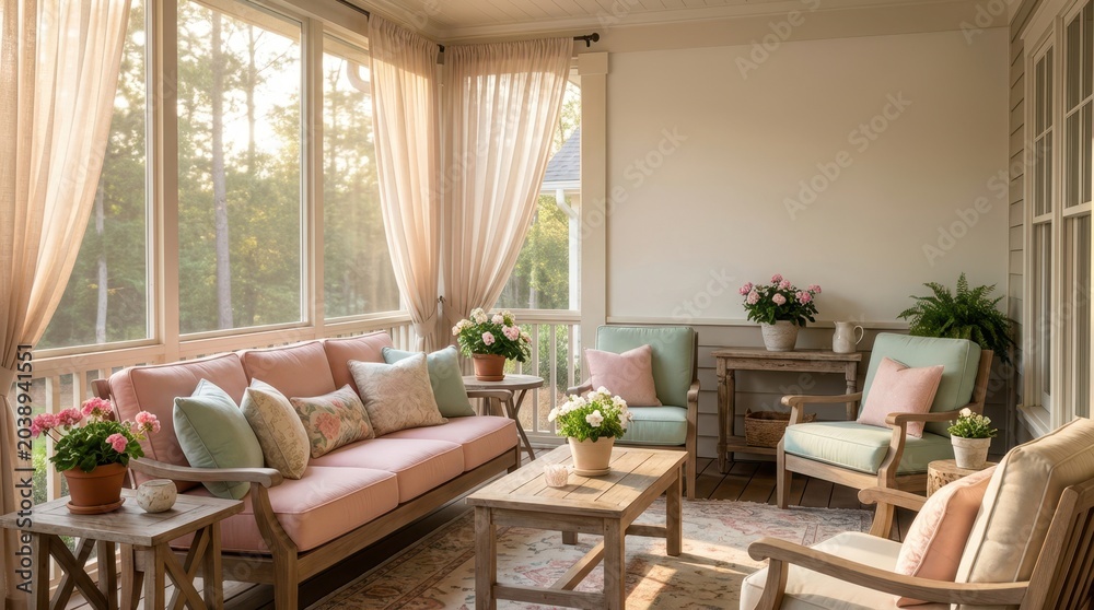 Fototapeta premium Serene screened porch with pastel furniture and lush greenery, bathed in sunlight