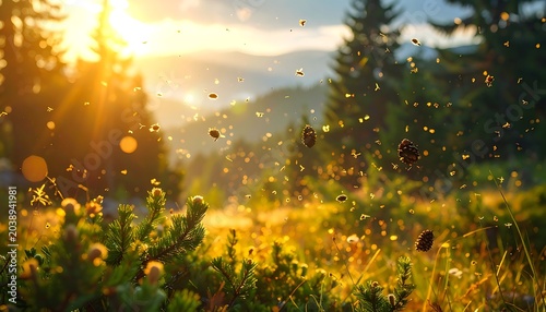 Golden sunlit forest dust