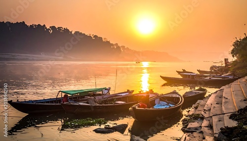 Golden sunset over a calm river, illuminating anchored boats near a shore line with greenery
