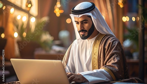 Man in traditional dress at laptop, warmly lit with bokeh background, in what appears to be a cafe or home