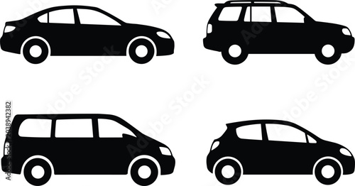 Black car silhouette vector icon set containing sedan station wagon minivan and compact hatchback side view shapes