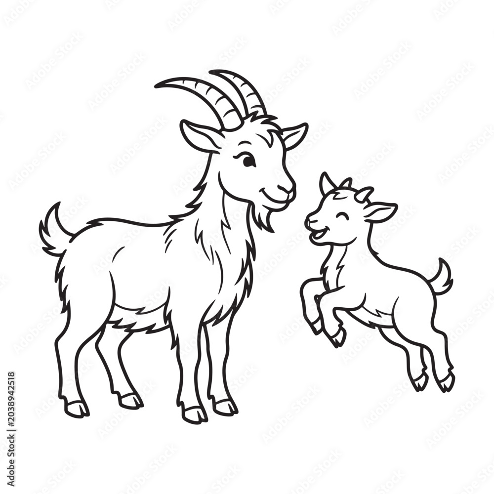 Fototapeta premium Cartoon goat mother and kid playing together with line art, black and white