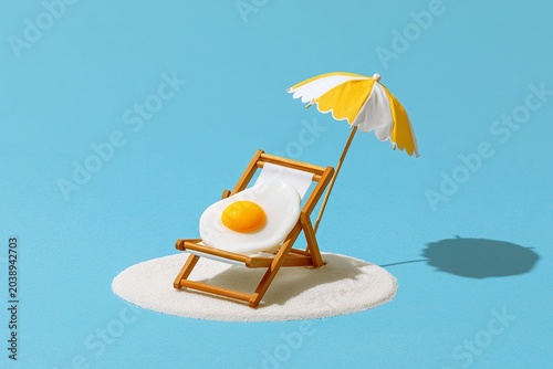 Fried egg relaxing on beach chair under umbrella