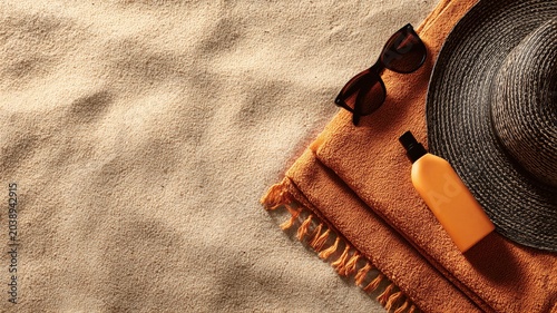 Beach accessories with sunglasses, sun hat, and sunscreen lotion bottle on orange towel laid on sand by the ocean. Vacation concept for summer holiday travel and tropical island leisure.
