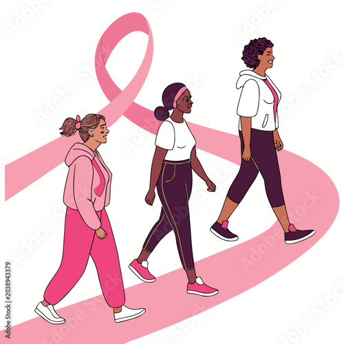 Group of three women walking together with large pink awareness ribbon, feminine