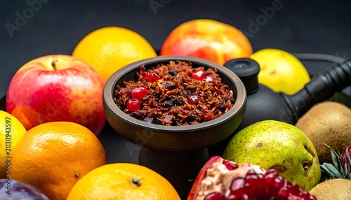 Hookah bowl of fruity tobacco, surrounded by fresh fruits including apple, orange, pomegranate, kiwi, and pear