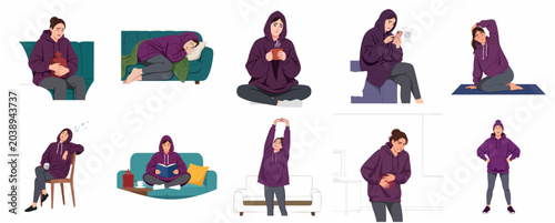 Konstfotografi Set of illustrations of a young woman experiencing menstrual cycle symptoms, period pain relief with a hot water bottle, health tracking, and wellness activities