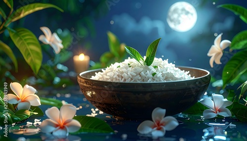 Moonlit rice and flowers