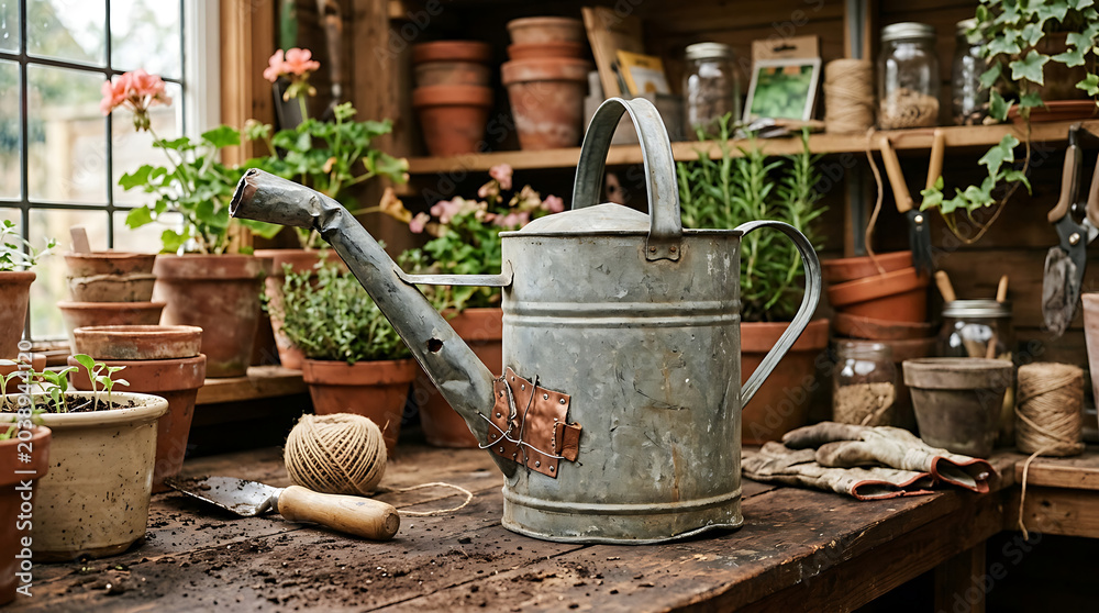 Obraz premium Antique galvanized metal watering can rests on a wooden surface surrounded by gardening tools and terracotta pots