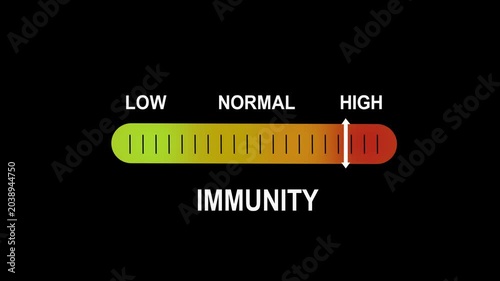 Dynamic immunity level indicator gauge animation featuring a color-coded progress bar moving from low to status for medical health research, biological defense systems, and