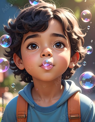 Kid blows bubbles