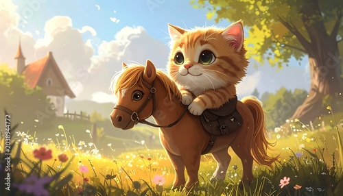 Kitten rides pony
