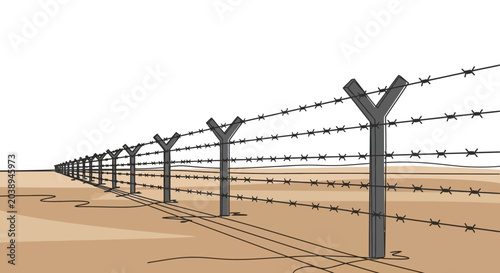 Konstfotografi Barbed Wire Fence Stretching Into Distance, Border Security Concept