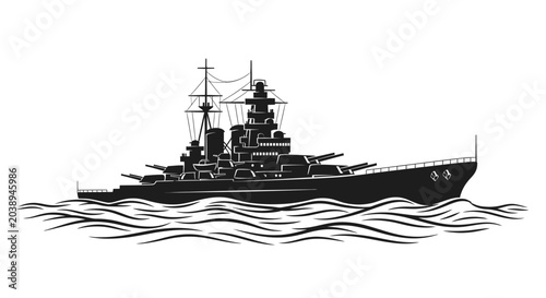 Cuadro en lienzo Silhouette of a powerful battleship sailing on wavy sea, naval warfare illustrat