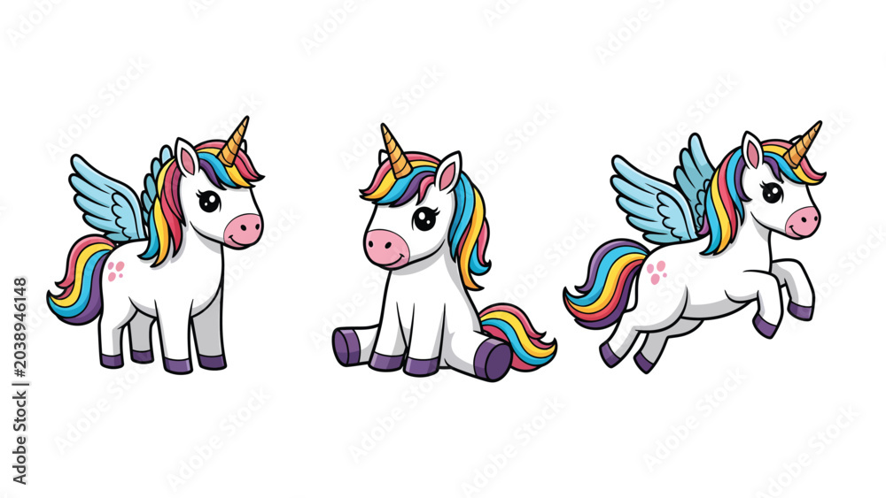 Fototapeta premium Three cute cartoon unicorns with colorful manes and wings, in different poses.