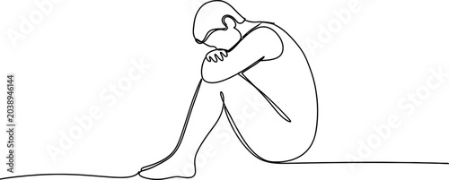 Photos Single line drawing of a person curled up, head down, in a pose of sadness or contemplation