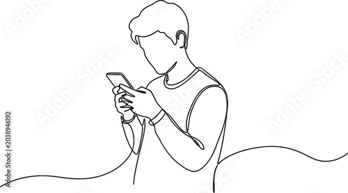 Konstfotografi Continuous line drawing of a young man engrossed in his smartphone, minimalist style