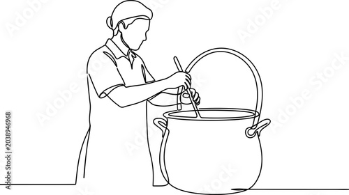 Photos Continuous line drawing of a chef stirring a large pot with a spoon, chef prepar