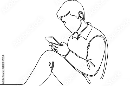Bild auf Leinwand Young man with smartphone, continuous line drawing, sitting, looking down at scr