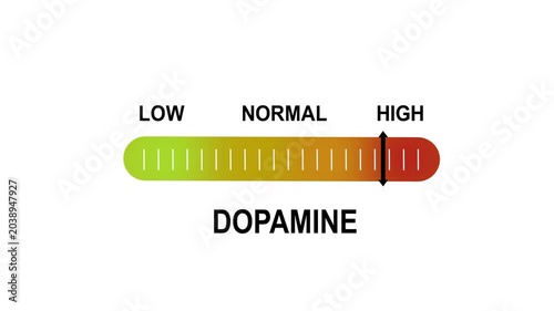 Dynamic dopamine level indicator gauge animation showing fluctuating neurotransmitter levels from low to on a gradient scale for scientific, medical, and psychological