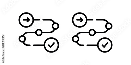 Sequence diagram with checkpoints arrows and check mark progress line icons set representing steps in process or workflow visualization.