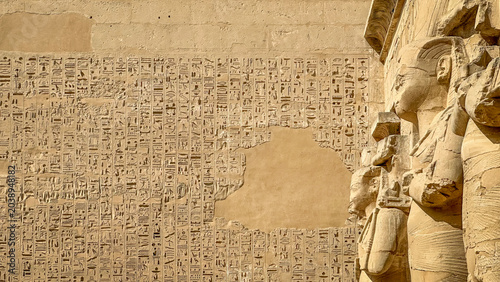 Canvas-taulu Beautiful bas-reliefs and ancient hieroglyphs from the mortuary temple of Ramesses III at Medinet Habu, Luxor, Egypt